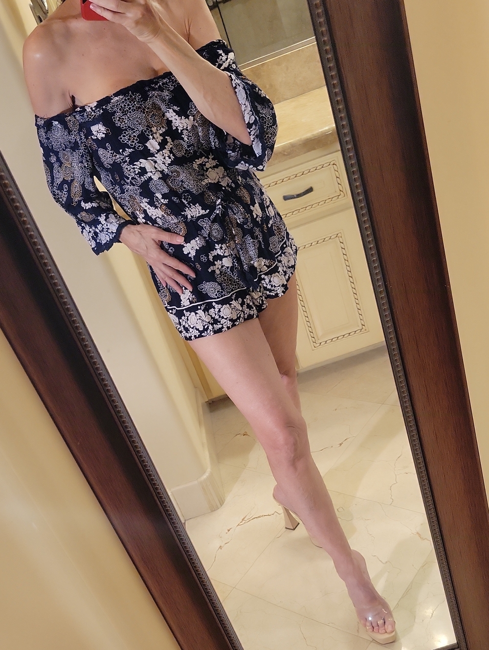 Angie Navy Romper with White and Gold Floral Print, S - Picture 2 of 16